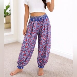 Warm Boho Floral Hippie Festival Silk Flowy Pants - Size 0